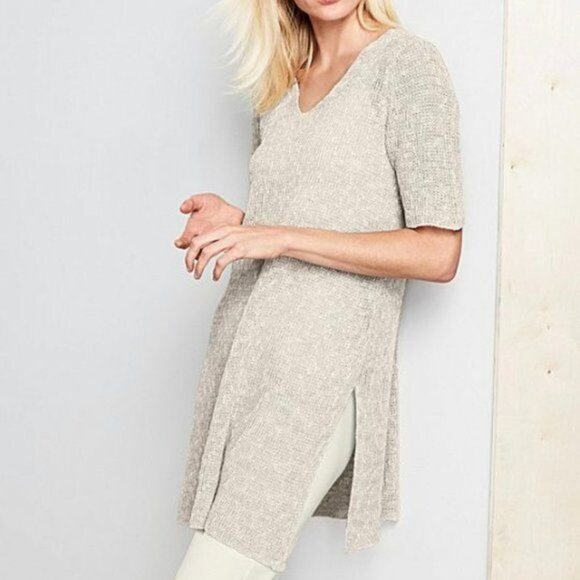 Eileen Fisher Pebble Beige Mélange Half-Sleeve V-Neck Tunic Linen Blend XL - Picture 1 of 10